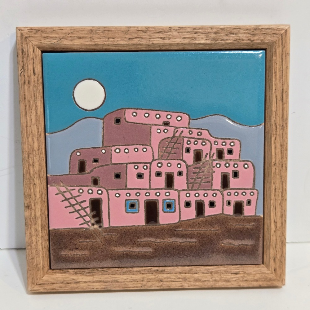 Handmade Pueblo Art Tile Framed 7.5" Pink Turquoise Southwestern Adobe Decor